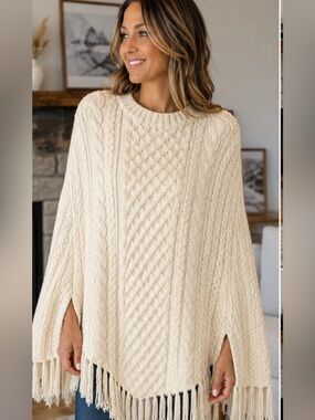 Vintage J.Crew 100% Wool Aran Cable Knit Fringe Poncho Cape Sweater O/S Cream
